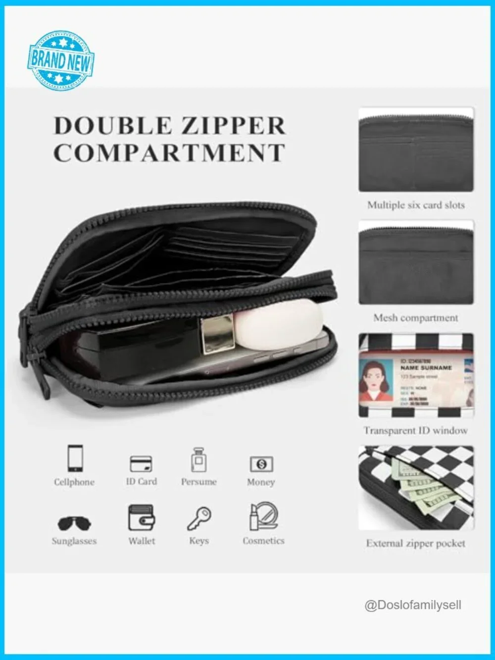 Checkered Nylon Wristlet Wallet with ID Window Crossbody Bag Multiple